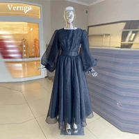 verngo modest black organza evening party dresses puff long sleeves jewel neck ankle length prom dress simple robe de soiree