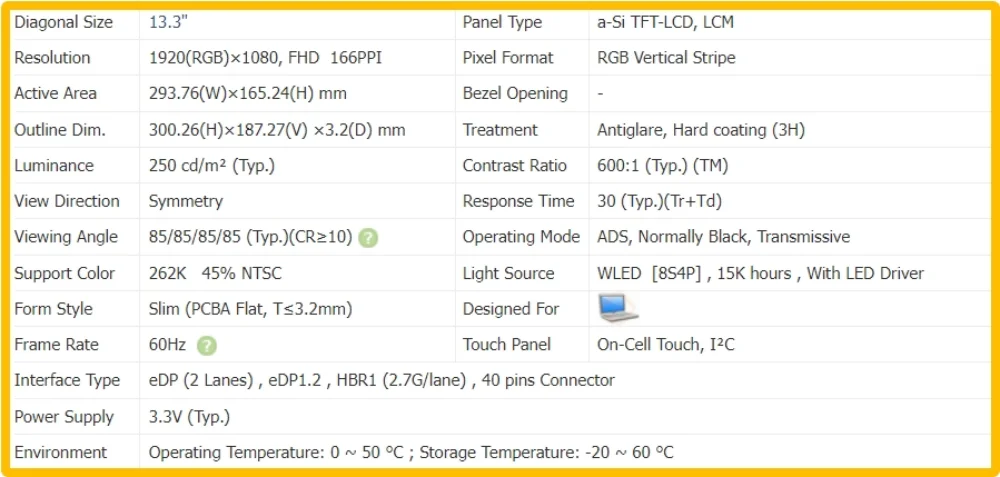 Φ SD10W87101 13.3 ЖК-экран On-Cell Touch Slim IPS Panel FHD 1920x1080 EDP 40pins 60Hz