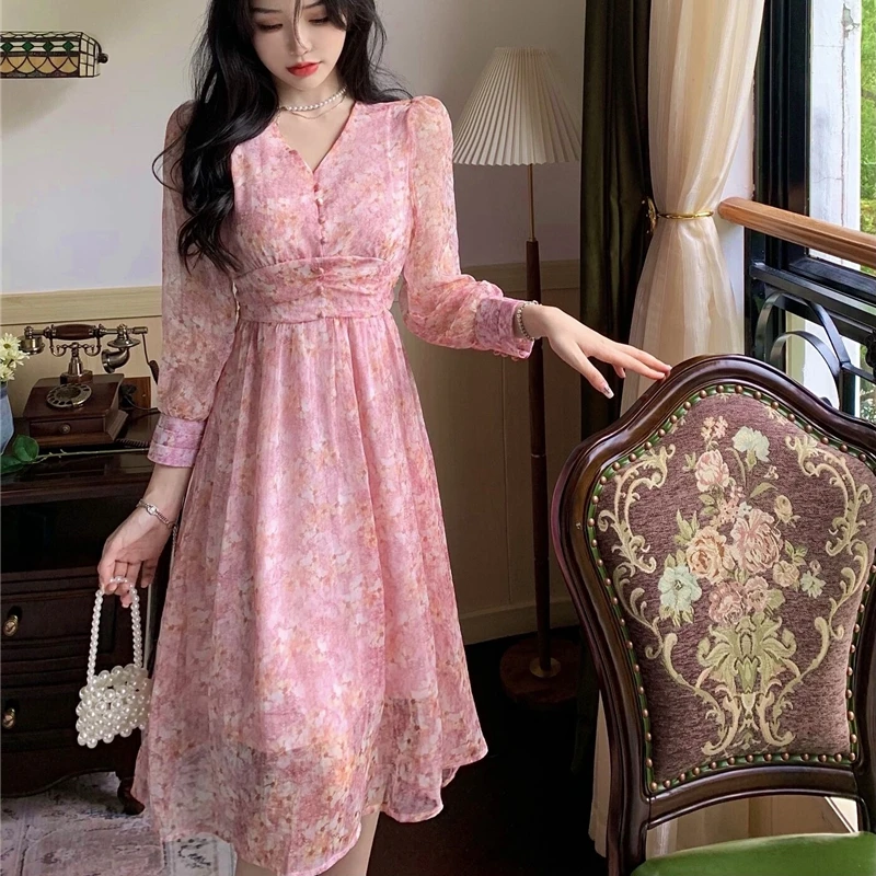 

2022 Summer Vintage Clothing V-Neck Dresses Print Korean Style Fashion New Long Sleeve Chiffon Dress Women Pink Vestidos Clothes