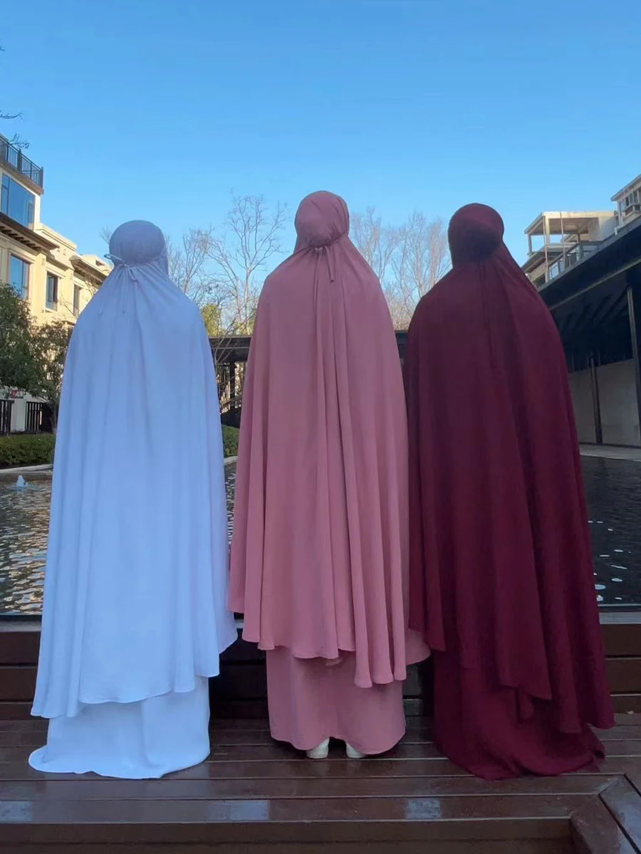 

Ramadan Eid Hooded Abaya Dress+Jilbab 2 Piece Set Muslim Prayer Outfit Jilbab Women Long Khimar Hijab Dubai Islamic Burqa Kaftan