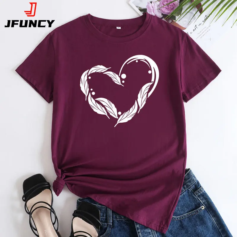 JFUNCY Women's Summer T-shirt Fashion Feather Print Short Sleeve Tshirt Casual Loose Tee Shirts Woman Cotton Tops Female Clothes