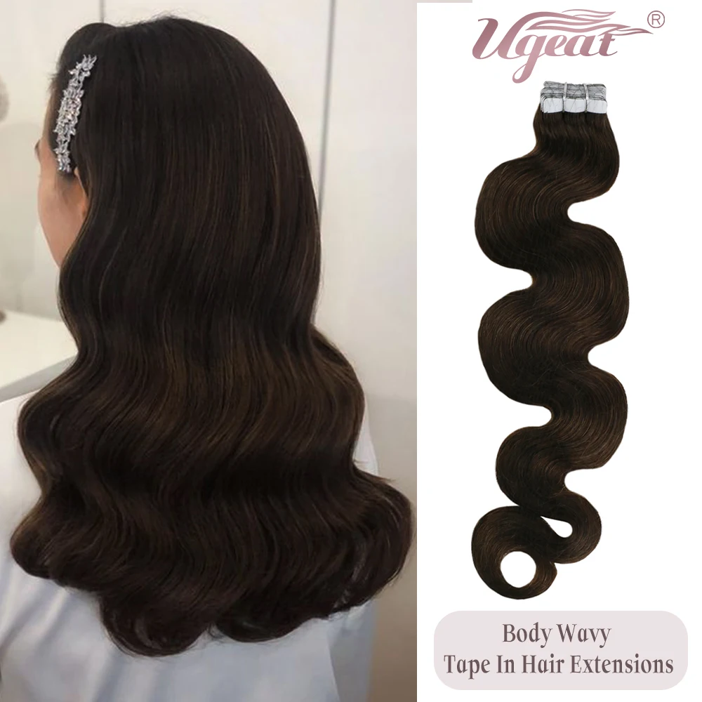 

Ugeat на Клейкой Ленте для наращивания, человеческие волнистые волосы для наращивания, настоящие человеческие волосы 14-24 "ленты нарощенных во...