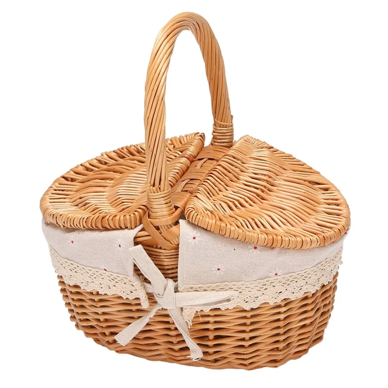 

3X Handmade Wicker Basket With Handle, Wicker Camping Picnic Basket With Double Lids, Shopping Storage Hamper Basket