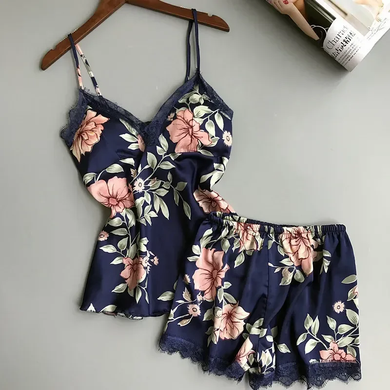 

Set Sexy Pajama Women Sleepwear Casual Camisole Shorts Flower Printing And Pajamas Summer Nightgowns