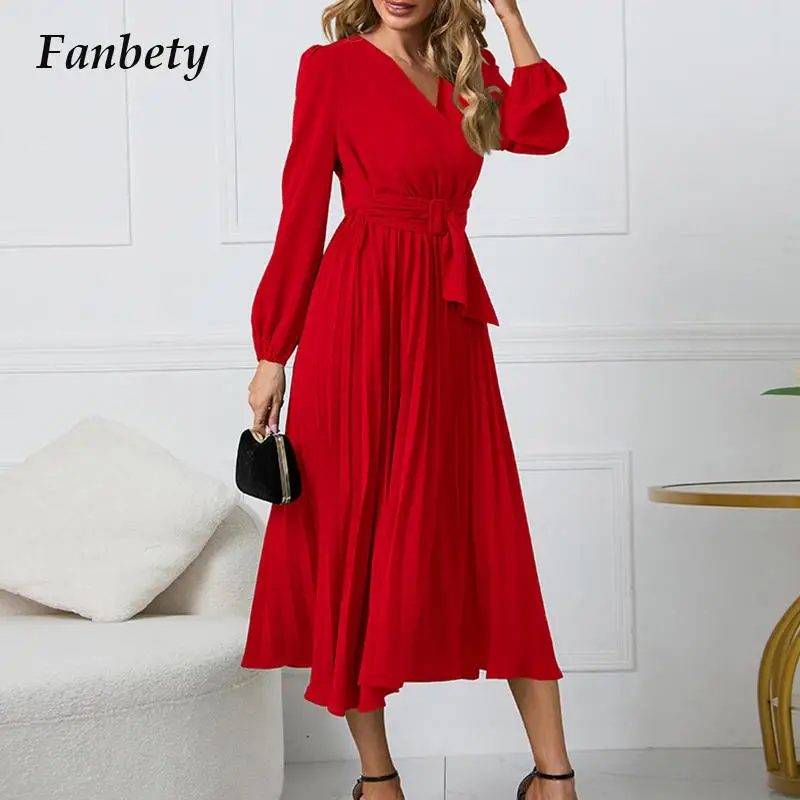 

Женское длинное платье с поясом, офисное платье с длинным рукавом и V-образным вырезом, весна-осень 2023