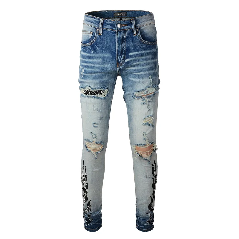 

Men's Light Indigo Painted Streewear Fashion Slim Fit Distressed Printing Ripped Skinny Stretch Tie Dye Bandana Patchwork Jeans