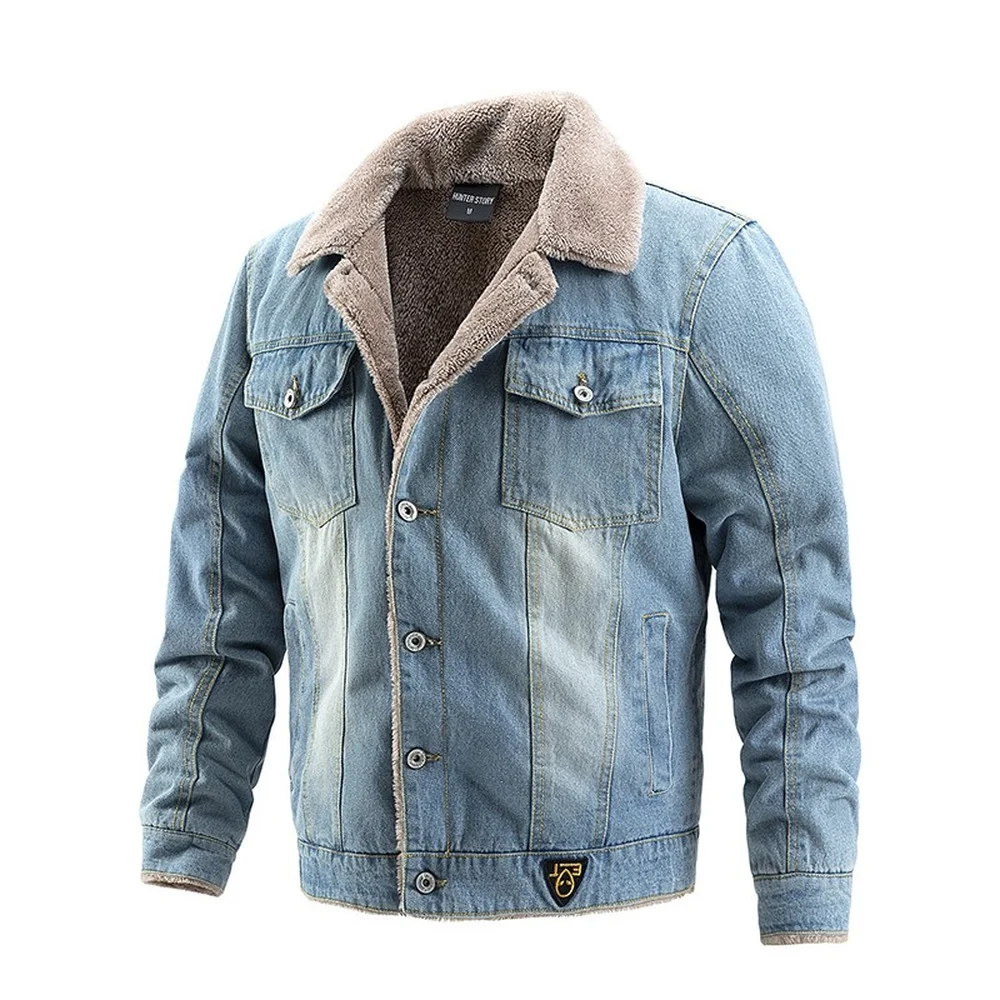 

NEW Plus Velvet Thick Denim Jacket Men Casual Lapel Cotton Jeans Jacket Men Fur Collar Warm Winter Mens Jackets And Coats