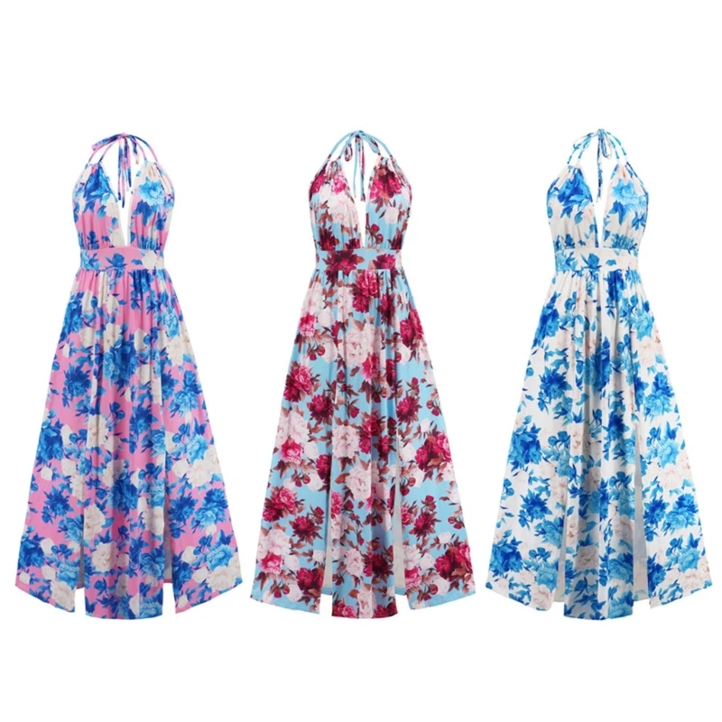 

Женское платье-макси на шнуровке, модное платье с цветочным принтом, женское платье с глубоким V-образным вырезом, женское пляжное платье без рукавов с разрезом