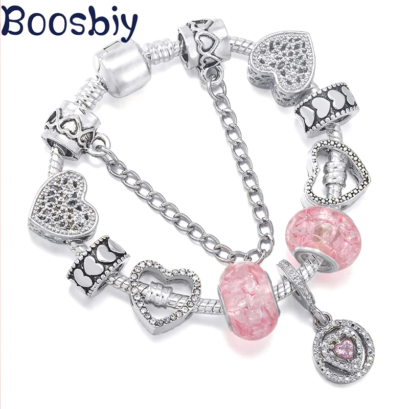 

Pink Love Forever Silver Plated Charms Bracelet W/ Heart Pendant Fit Jewelry Gift Bracelet For Women Fashion Brand Dropshipping
