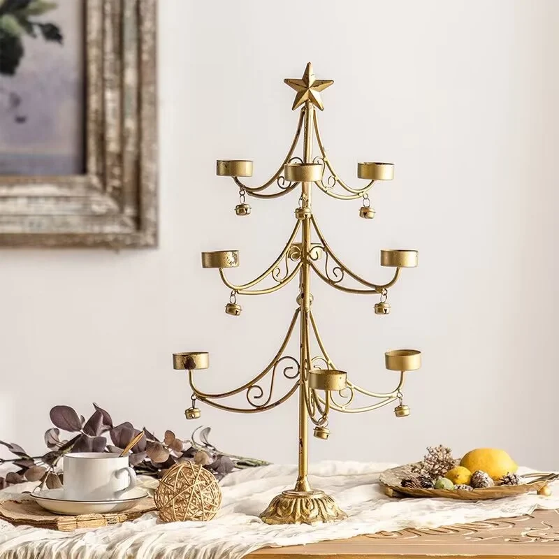 

Nordic 52cm Big Christmas Candlestick Gold Vintage Iron Christmas Tree Design Candle Holder with Bells Table Home Decoration