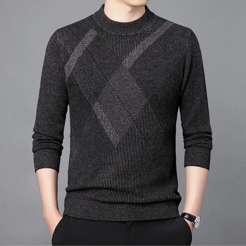 Men's Sweater 100% pure wool diamond knit bottoming round neck thickened Korean style casual men's knitted sweater