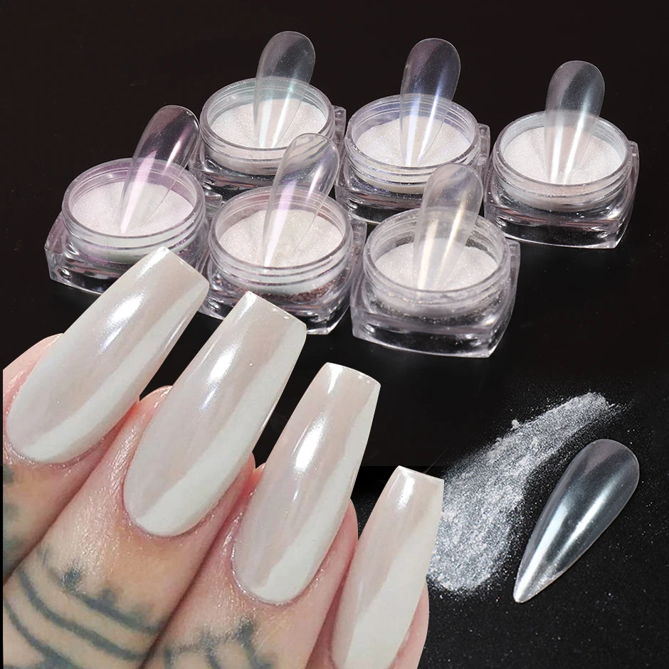 

6 коробок, набор порошков для ногтей, белый жемчуг, голографическая фея, порошок, натирает на ногти, блестящий хром, пигмент, украшения для дизайна ногтей, JI8016-1