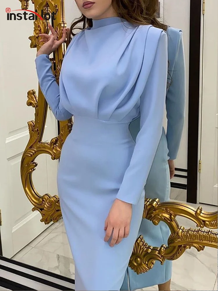 

Женское платье InstaHot, элегантное Однотонное голубое повседневное платье до щиколотки с воротником-стойкой и длинным рукавом, осень 2020