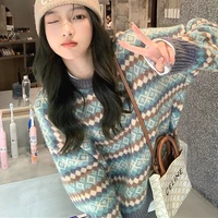 dayifun retro knitted pullover argyle striped sweater women jumper autumn winter loose long sleeve o neck top harajuku knitwear