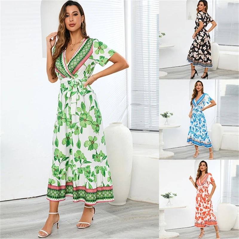 

Женское летнее длинное платье-трапеция с V-образным вырезом и коротким рукавом