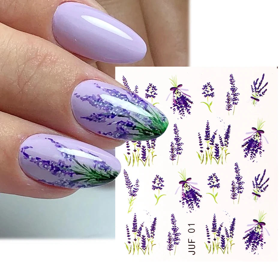 Purple Lavender Flower Stickers on Nails Lavandula Plants Floral Watermark Decals Nail Art Slider Tattoo Decoration DIY NLJUF-01