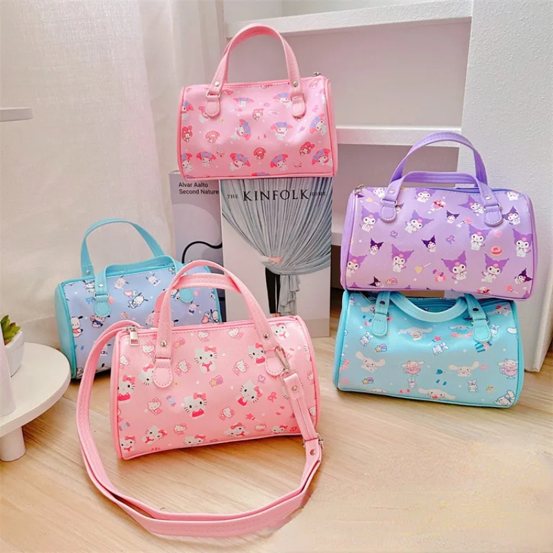 

Kawaii Sanrio Hello Kitty My Melody Kuromi Cinnamoroll Cylindrical Crossbody Bag PU Material Handbag Outdoor Travel Storage Bag