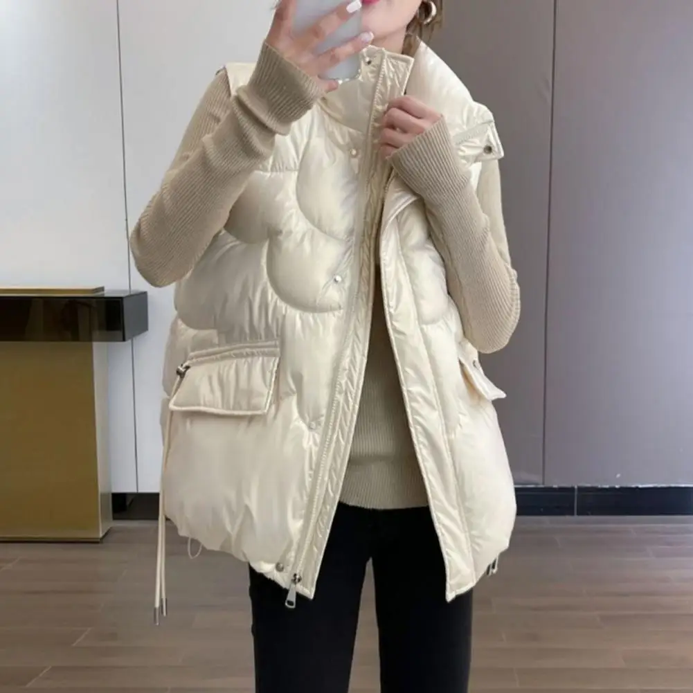 Повседневный свободный женский жилет стильный без рукавов с воротником-стойкой