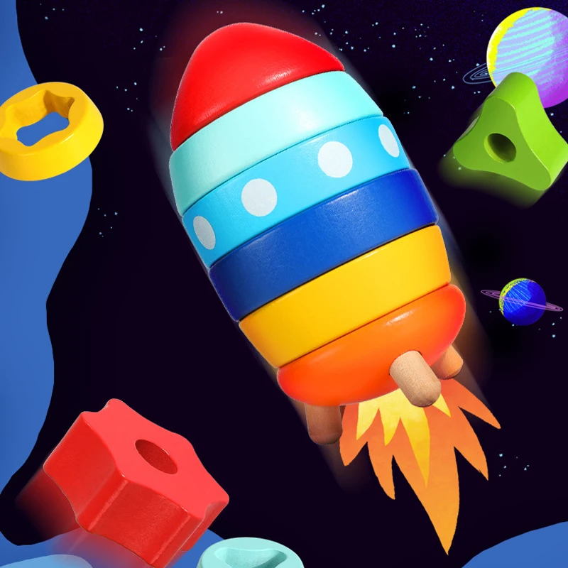 

Деревянные строительные блоки ракеты для детей, радужная Штабелируемая башня, игрушки Монтессори, товары для раннего обучения, деревянные ...