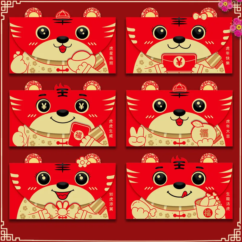 

6pcs Traditional Hongbao Red Envelopes Chinese Spring Festival Hongbao Red Packet for 2022 Chinese Year of The Tigers Gift Bag