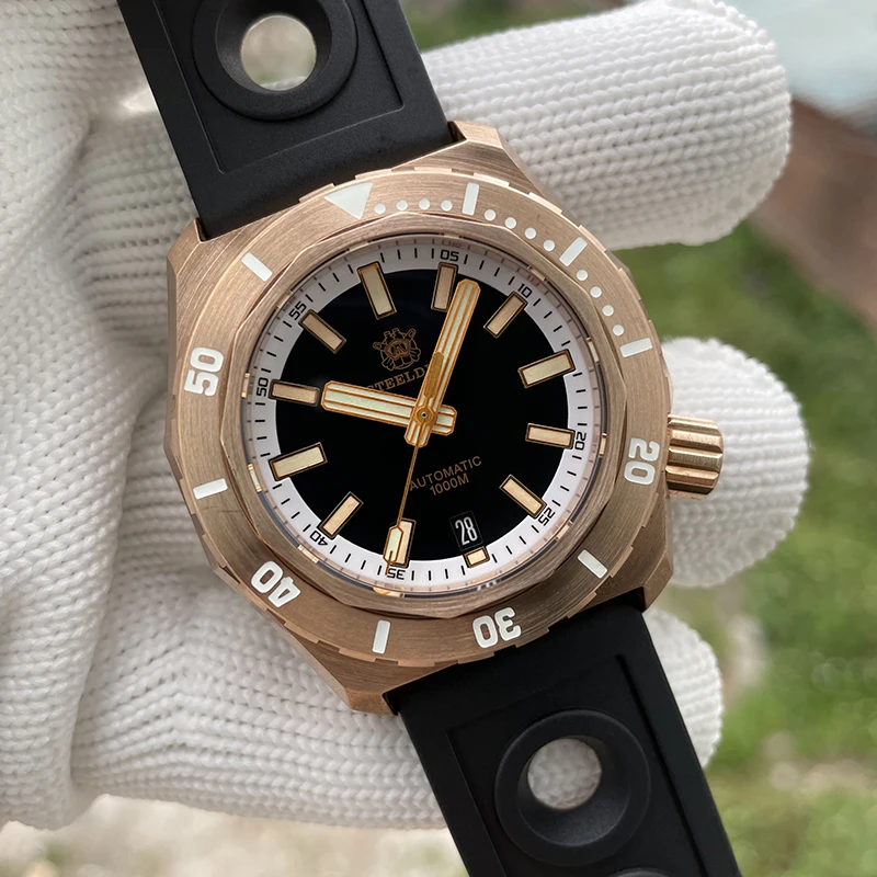 Фото Мужские водонепроницаемые автоматические механические наручные часы STEELDIVE, бронзовые, стиль милитари, 1000 м, светящиеся сапфировые часы Dving ... №1