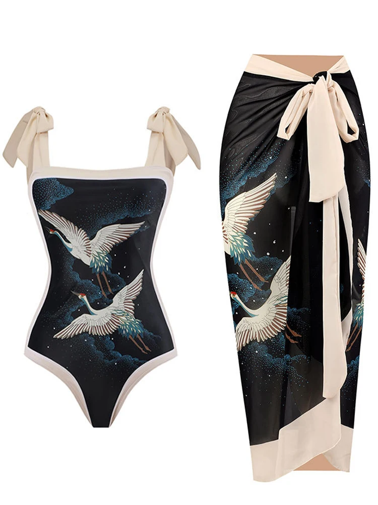 Fashion Printed Swimsuits Women's 2023 Tummy Control Hight Waist One Piece Swimwear Vintage Chiffon Skirt Set for Beach Vacation