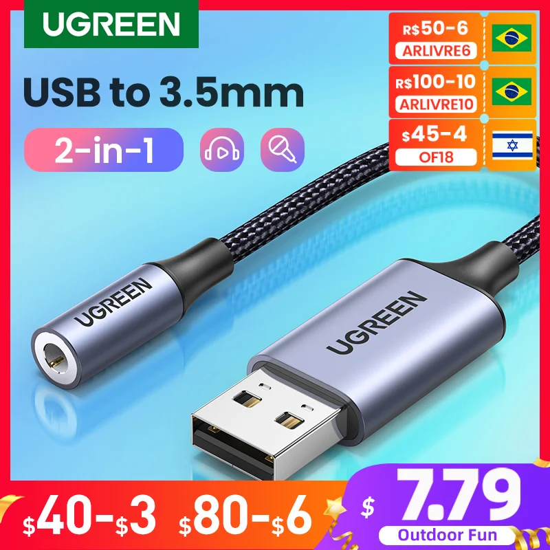 

Звуковая карта UGREEN, USB аудио интерфейс 3,5 мм, Звуковой адаптер для ПК, ноутбука, PS4 наушников, динамиков, внешняя звуковая карта USB, звуковая ка...