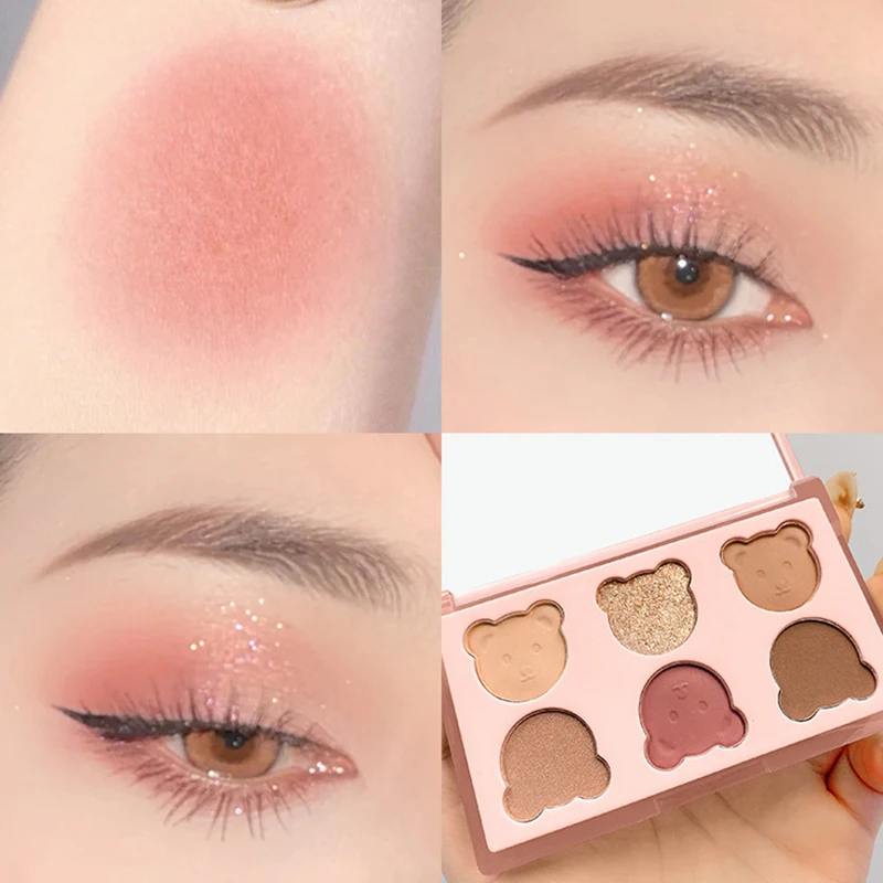 

Bear Soft Color Awakening Eye Shadow Plate Cheap Student Milk Tea Earth Color Pearl Matte Autumn And Winter Six-Color 1Pcs