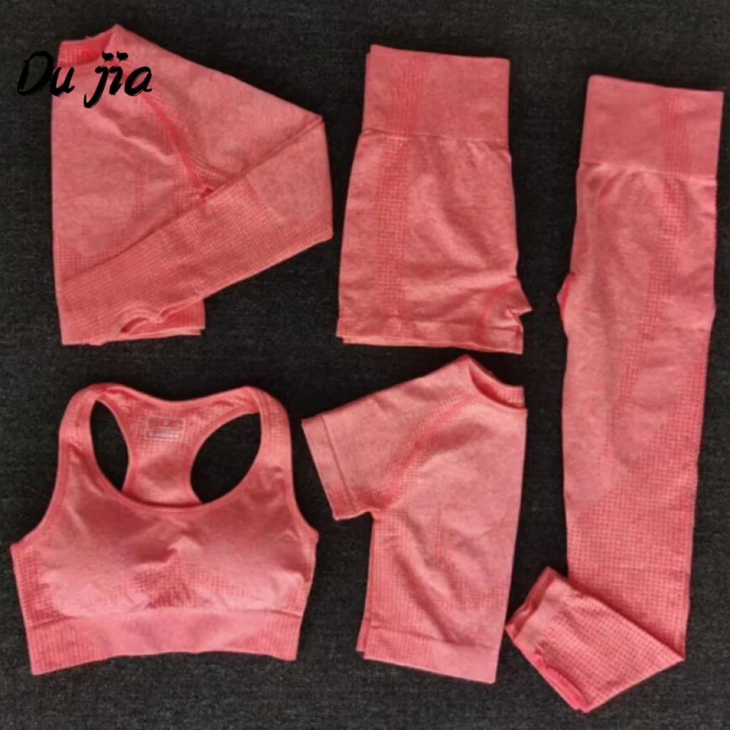 New 5 PCS Women Seamless Yoga Set Fitness Sports Suits GYM Clothing Yoga T-Shirts+High Waist Leggings+Bra+Shorts Workout Sets
