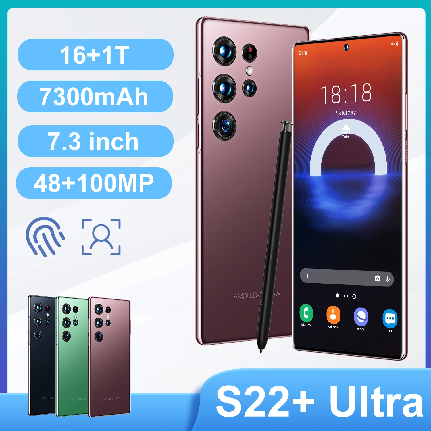 Смартфон S22 + 7 3 дюйма 16 ТБ 7300 мА · ч 48 100 Мп две Sim-карты |