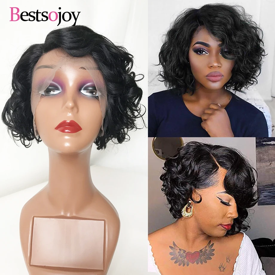 Pixie Cut Wig Human Hair Short Bob Curly Wavy Lace Front Human Hair Wigs For Women Loose Wave 13*6*1 L Part Lace Wig Bestsojoy