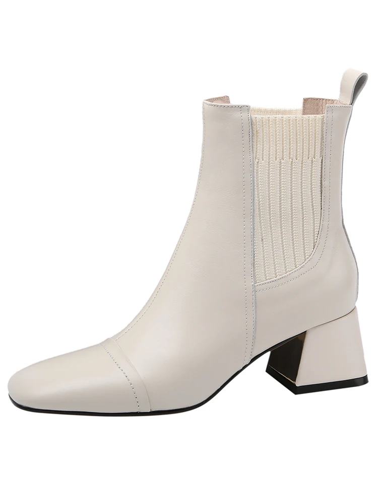 Женские ботильоны из натуральной кожи с квадратным носком на высоком каблуке 5 см