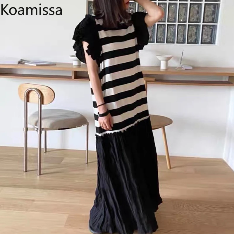

Koamissa Summer Striped Maxi Dress Flying Sleeve Pleated Women Dresses Loose Korean Female Vestidos Ropa Mujer Dropshipping 2022