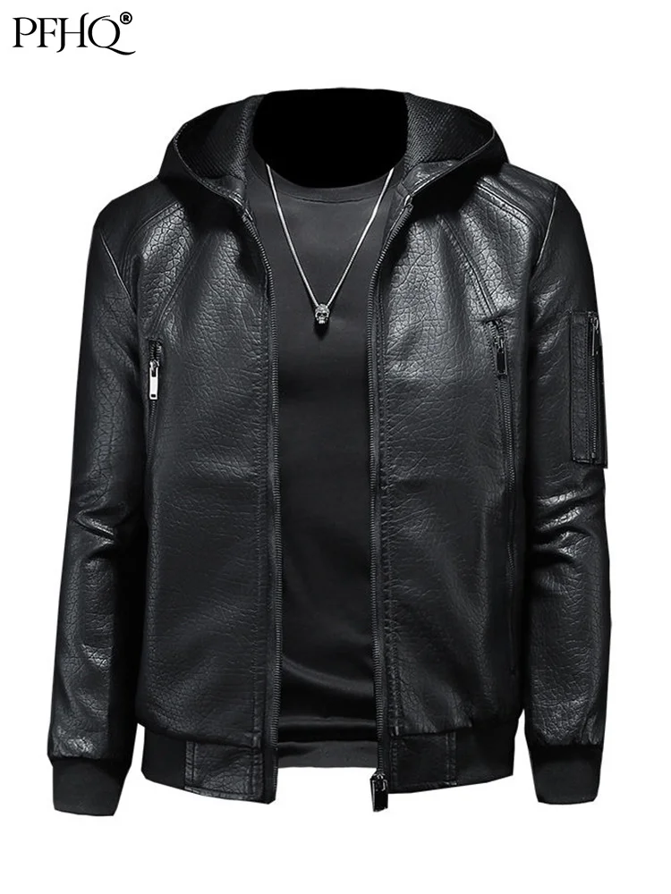 

PFHQ 2022 Autumn Winter New Men's Hooded Motorcycle Leather Coat Washed PU Male Casual Fashion Trendy Locomotive Jackets 21Q2548