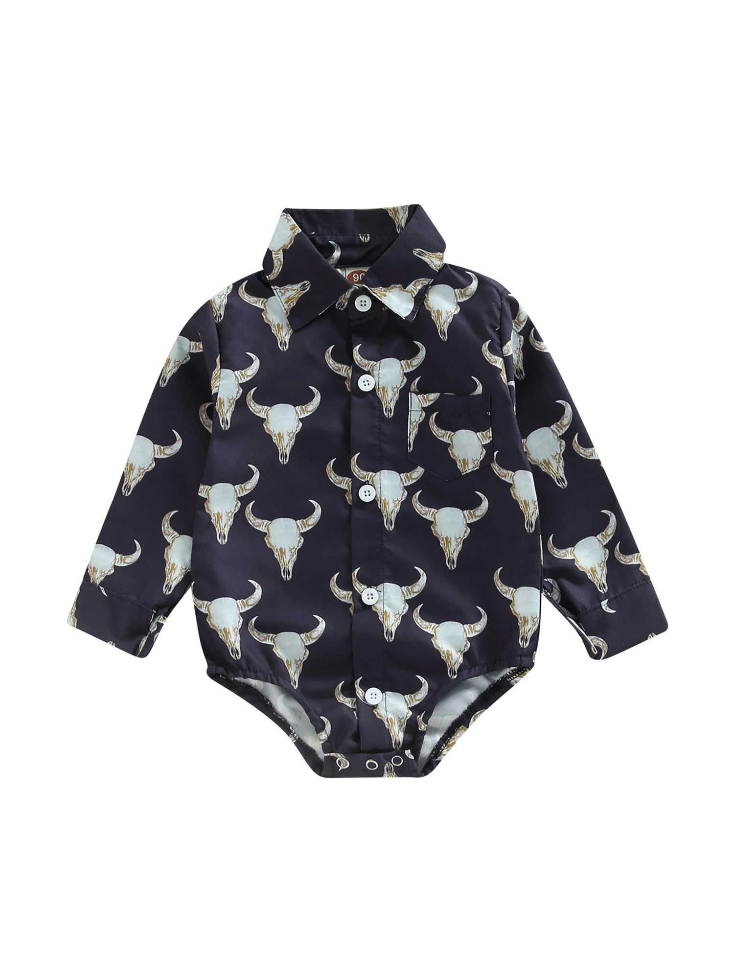 

Комбинезон-рубашка для маленьких мальчиков, комбинезон с принтом головы коровы, длинными рукавами, лацканами и пуговицами