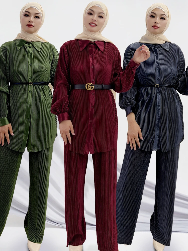 

Ramadan Two Piece Set Muslim Women Sets Arab Turkey Islam Pleated Tops Shirt Long Pant Islamic Clothing Abaya Musulman Ensembles