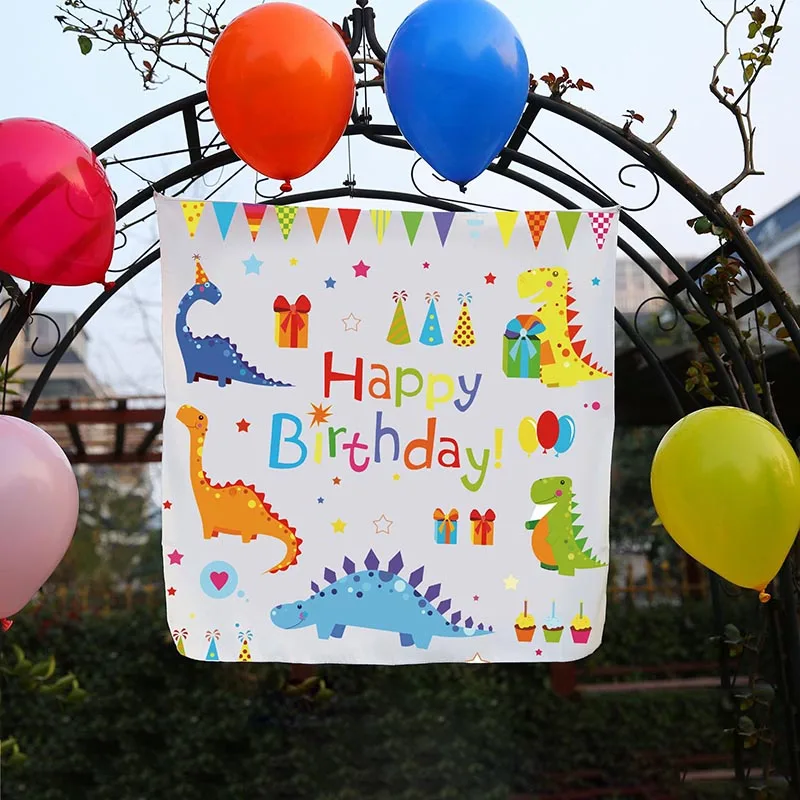 

Children's Birthday Backdrop 90*90cm Curtain Birthday Party Decorations Happy Birthday Cartoon Smiling Dinosaur Background