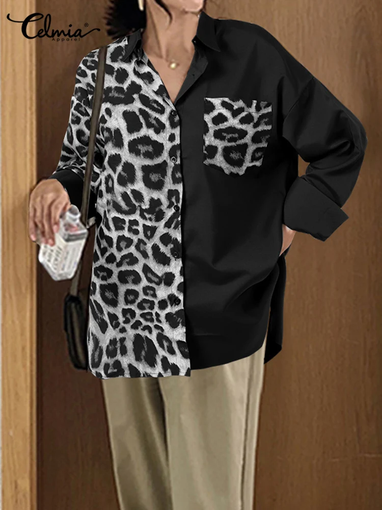 

Повседневные свободные топы Celmia с длинным рукавом, пикантные блузки с леопардовым принтом, осень 2022, винтажные женские Асимметричные рубаш...