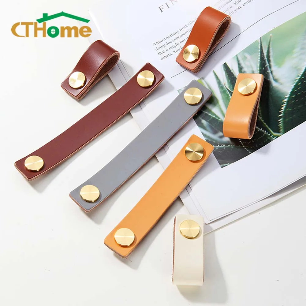 

1/6/10PCS Cowhide Leather Cabinet Handles Dresser Drawer Wardrobe Pull Brass Anti-collision Cupboard Nordic Door Knob Furniture