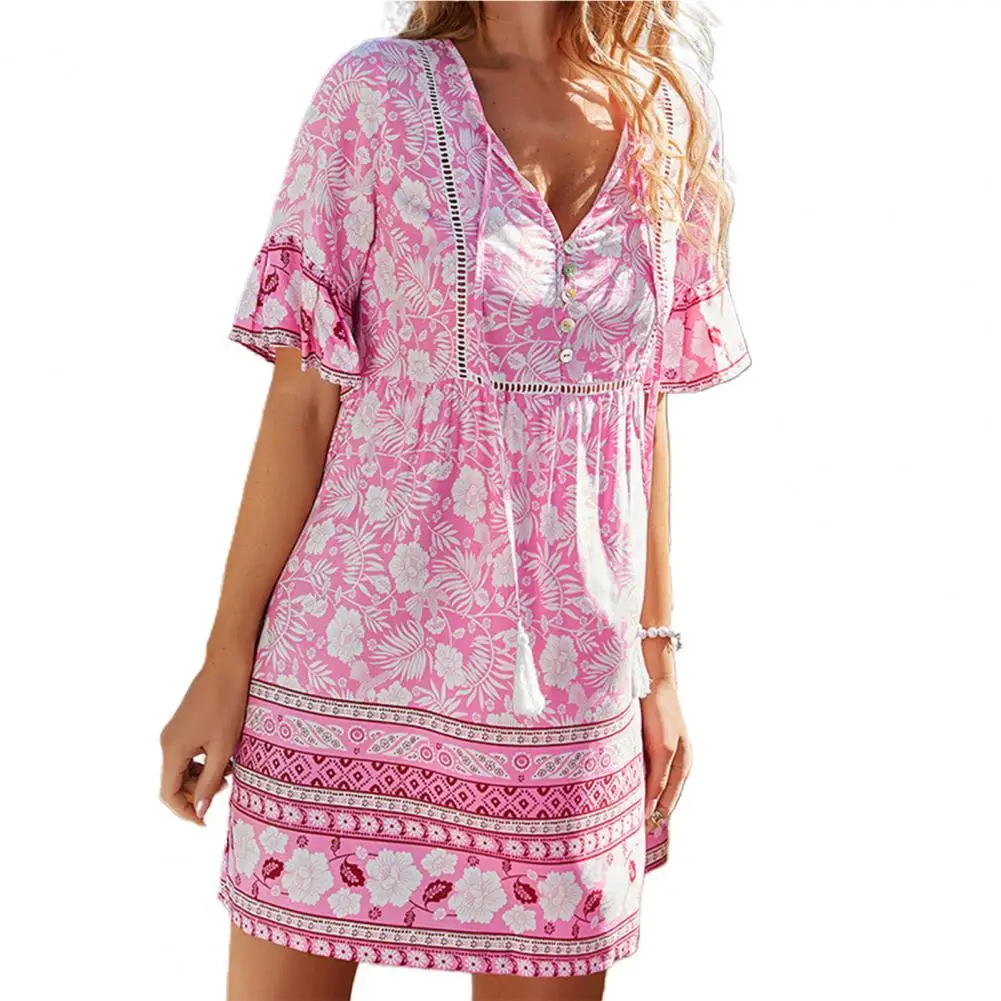 

Повседневное женское платье в стиле бохо, элегантное богемное платье с коротким рукавом и цветочным принтом, с V-образным вырезом, мешковато...