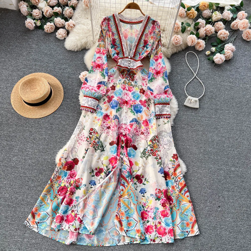 

Spring Autumn Indie Folk Maxi Dresses for Women Sexy Deep V-Neck Ruched Printing High Waist Female Long Robe Big Swing New IN