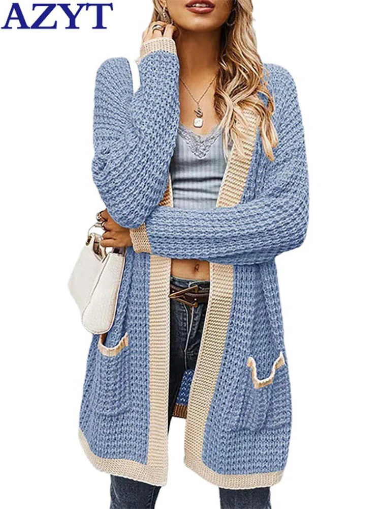 

AZYT Autumn Winter Mid Long Sweater Cardigan Casual Pocket Open Stitch Women Sweater Coat 2022 Oversized Knit Female Cardigan