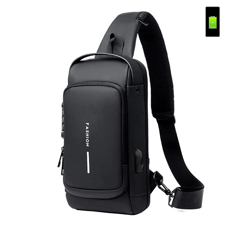 Fashion Men Chest Bag Waterproof Men Crossbody Bag Anti-theft Tape Bag with USB Charging Port Patent Leather Shoulder Sling Bags