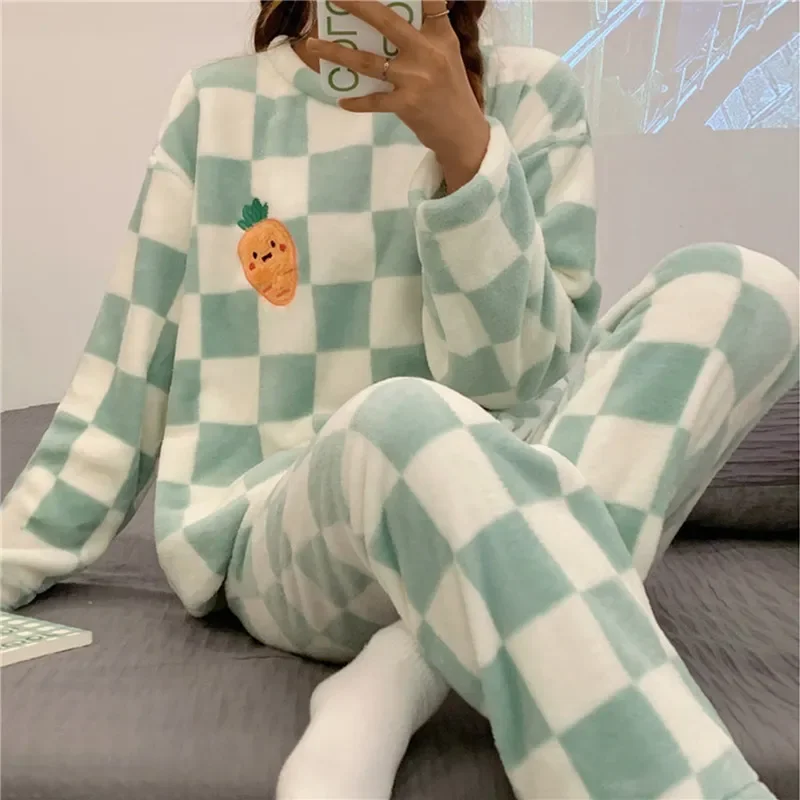 

Autumn Winter Kawaii Cartoon Pajama Sets Women Pyjamas Plaid Flannel Loung Sleepwear Girl Pijama Mujer Night Suits Homewear PJ
