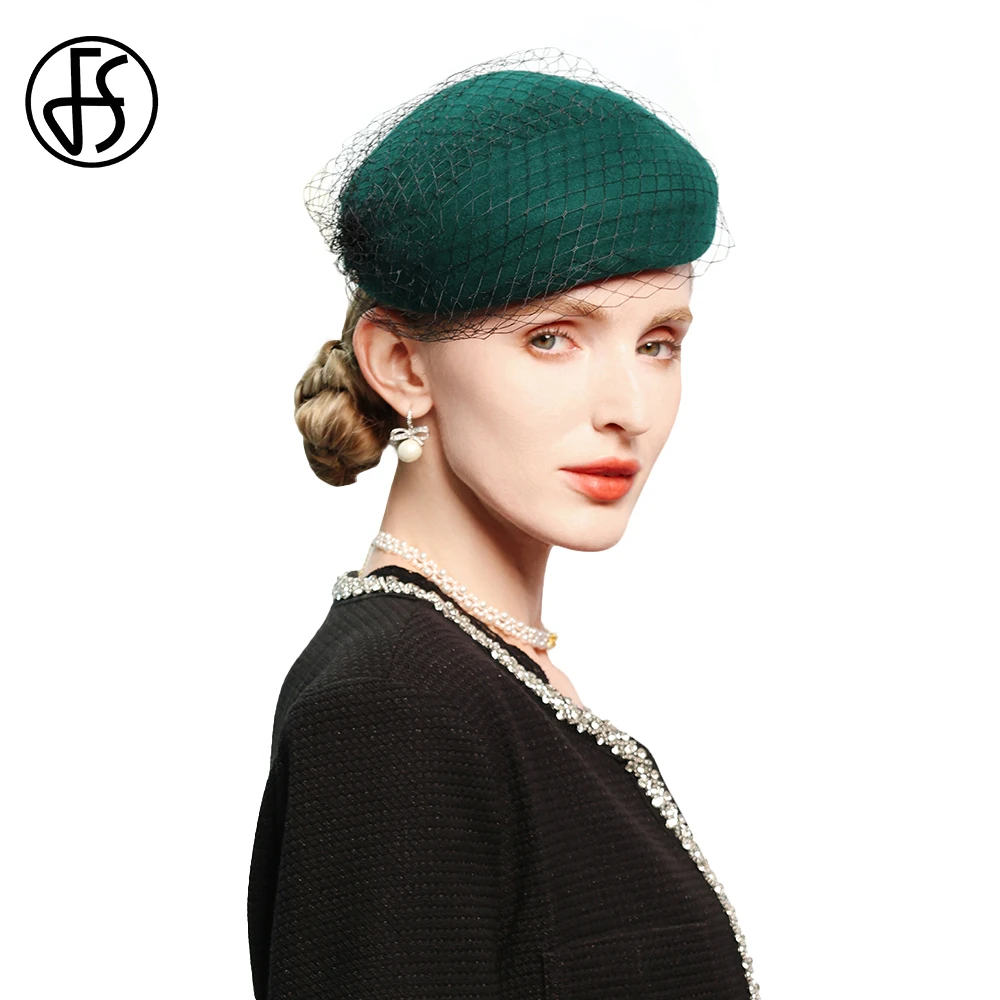 FS Шерстяные фетровые зеленые береты, осенне-зимняя кепка, элегантные ...