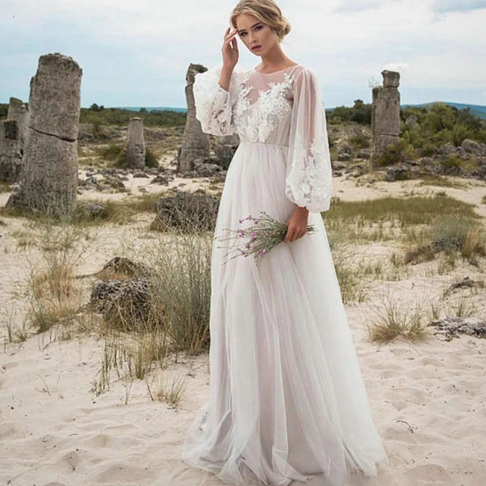 

Musetta Simple A-Line Beach Wedding Dress For Bride 2022 Lace Appliques Illusion Tulle Bridal Gown Transparent Vestido De Novia