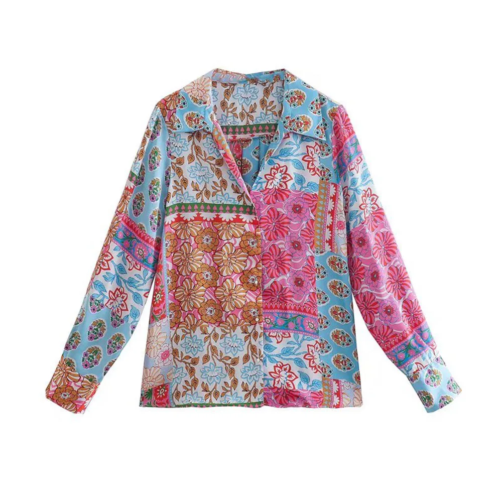 

URMASZA2022 women's spring and summer new bohemian patchwork print V-neck single-breasted button fashion woman blouses 2022