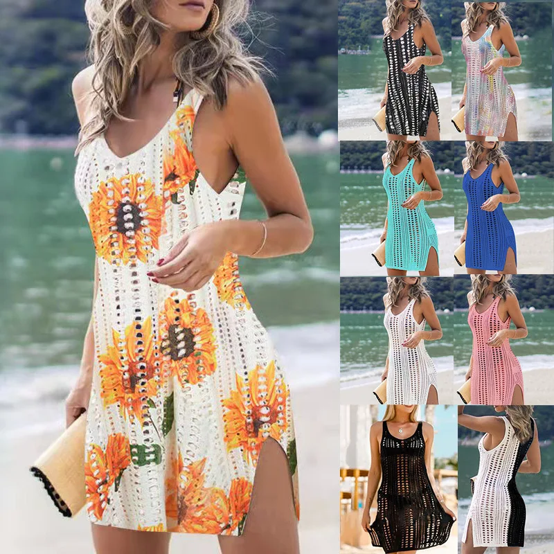

Women's Swimsuit Beach Cover Ups Sleeveless Summer Loose Solid Color Beach Cover-up Sexy Knitted Hollow Out Blouse Plus Size