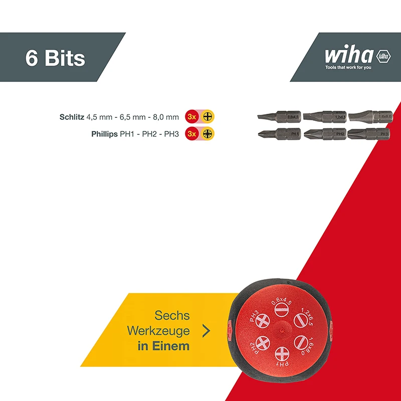 Магнитная отвертка Wiha 33738 с библиотекию лезвий и 6 шлицевыми головками Phillips