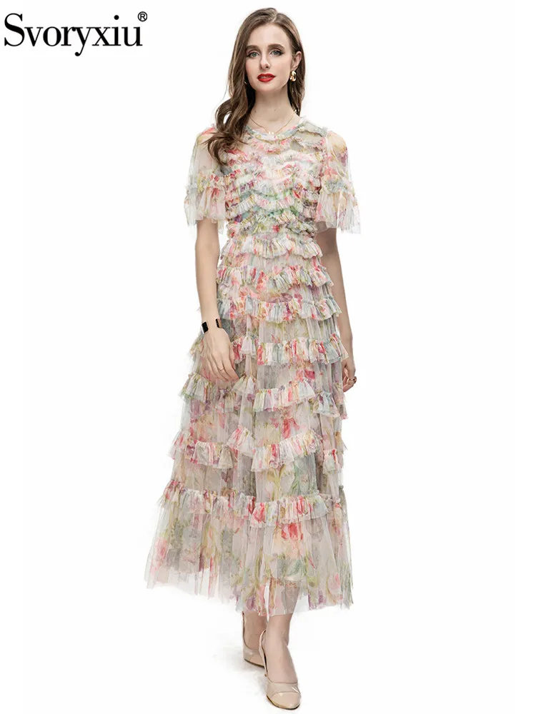 

Женское платье с каскадными оборками Svoryxiu, разноцветное винтажное газовое платье до щиколотки с рукавами-фонариками и высокой талией на лето 2019